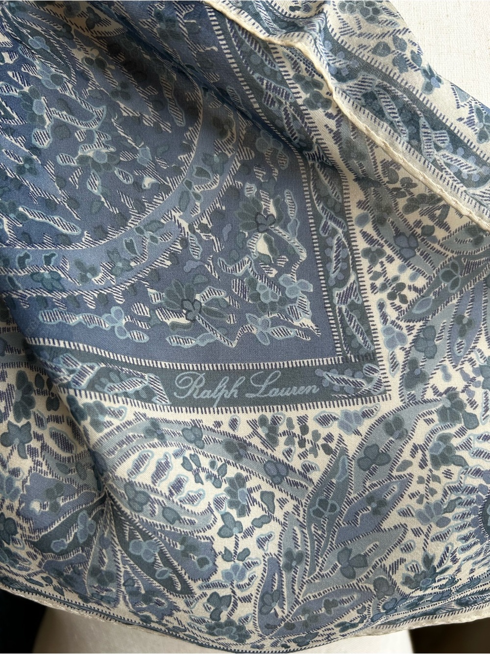Vintage Ralph Lauren Washed Silk Chiffon Paisley Scarf in Denim Blues